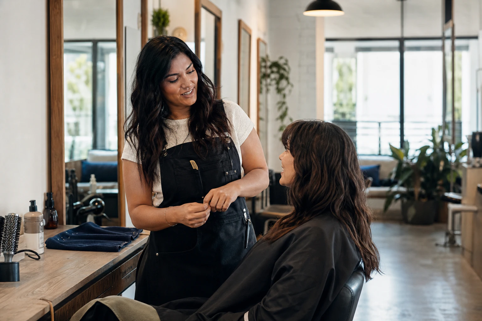 A stylist consulting with a client at a contemporary hair salon.