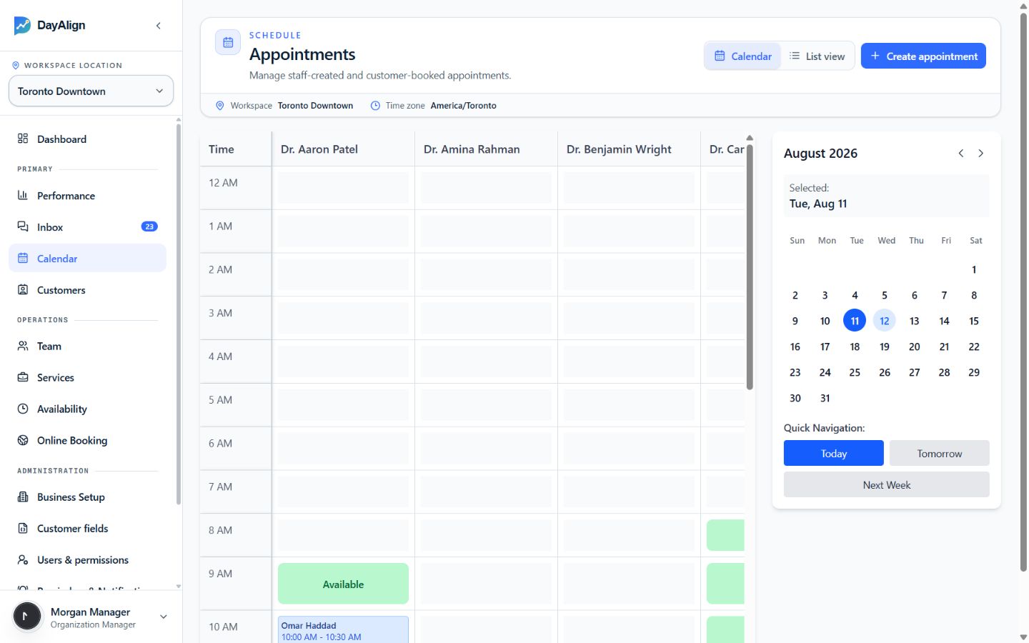 DayAlign appointment calendar showing provider columns, available time, and booked appointments.