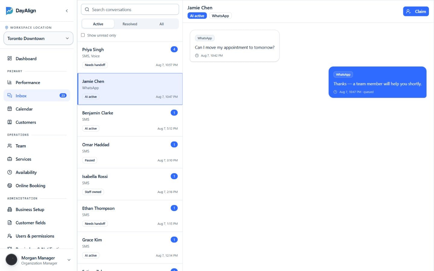 DayAlign inbox showing a customer conversation, staff ownership, and appointment context