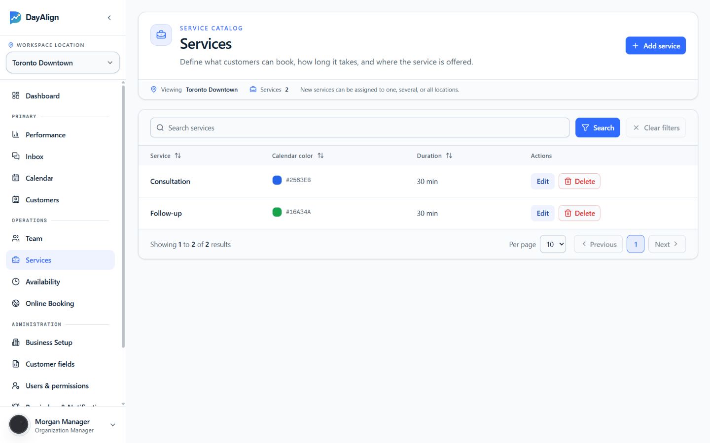 DayAlign service catalog showing bookable services, calendar colors, duration, and management actions.